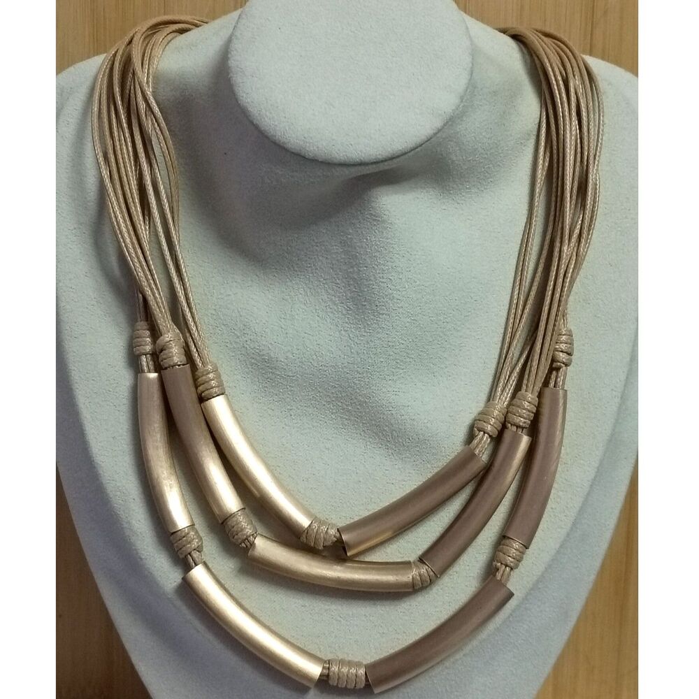 Vintage Designer C1946 Triple Strand Choker of Knotted Cords through Brass Tubes
